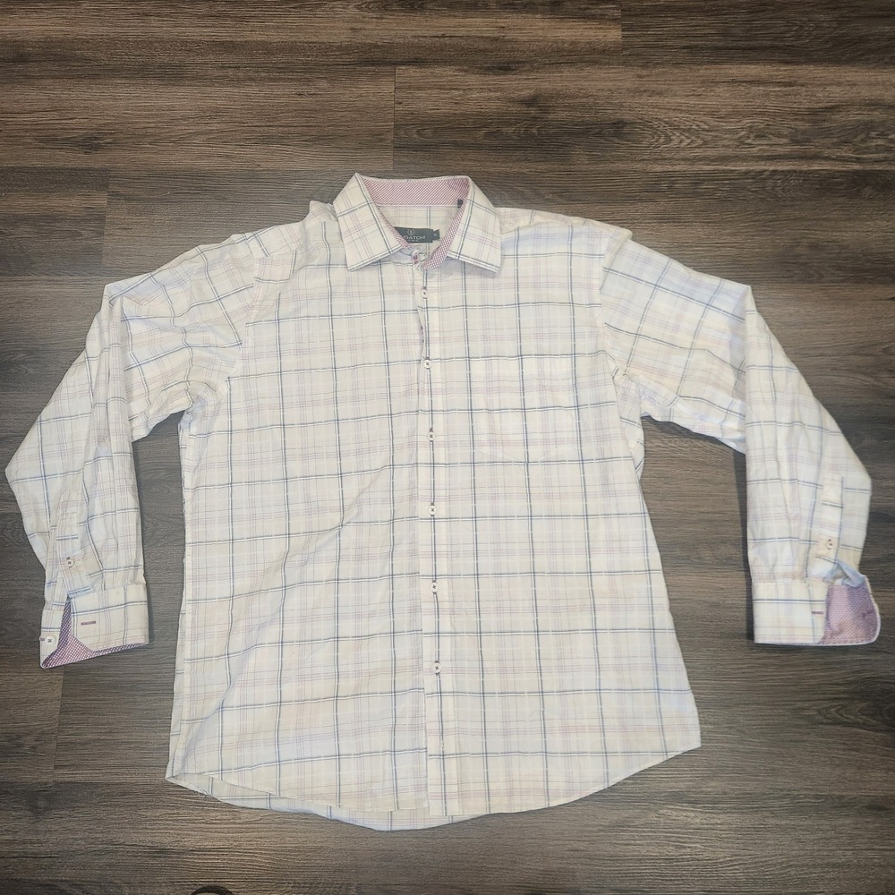 Bugatchi Uomo‎ Plaid Dress Shirt Long Sleeve Button Down White XL